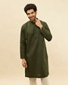 alt message - Manyavar Men Dark Green Linear Printed Kurta image number 0